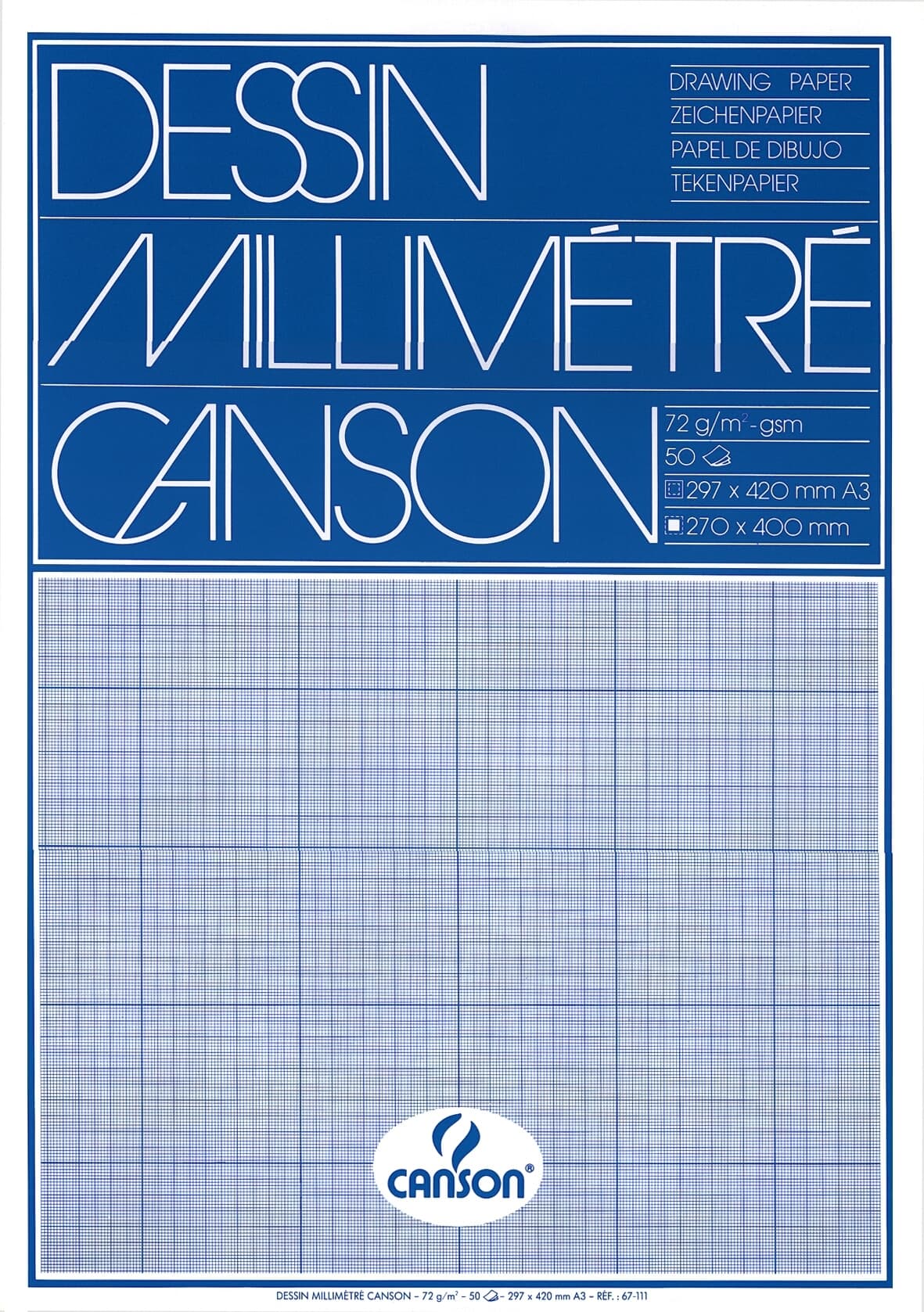 Millimeterpapier Canson lichtblauw bedrukt 50vel 72gr A3 wit