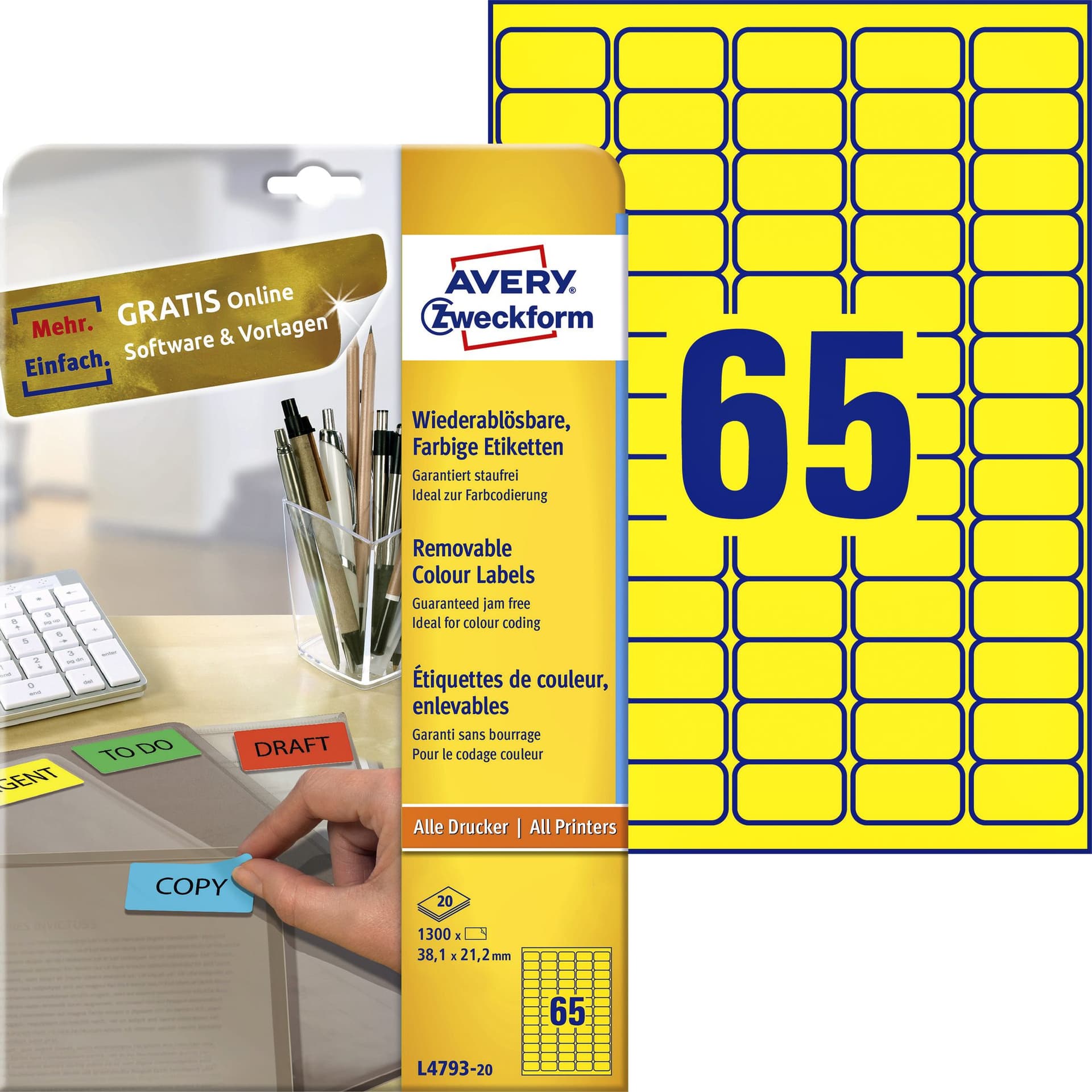 Etiket Avery L4793-20 38.1x21.2mm geel 1300 stuks