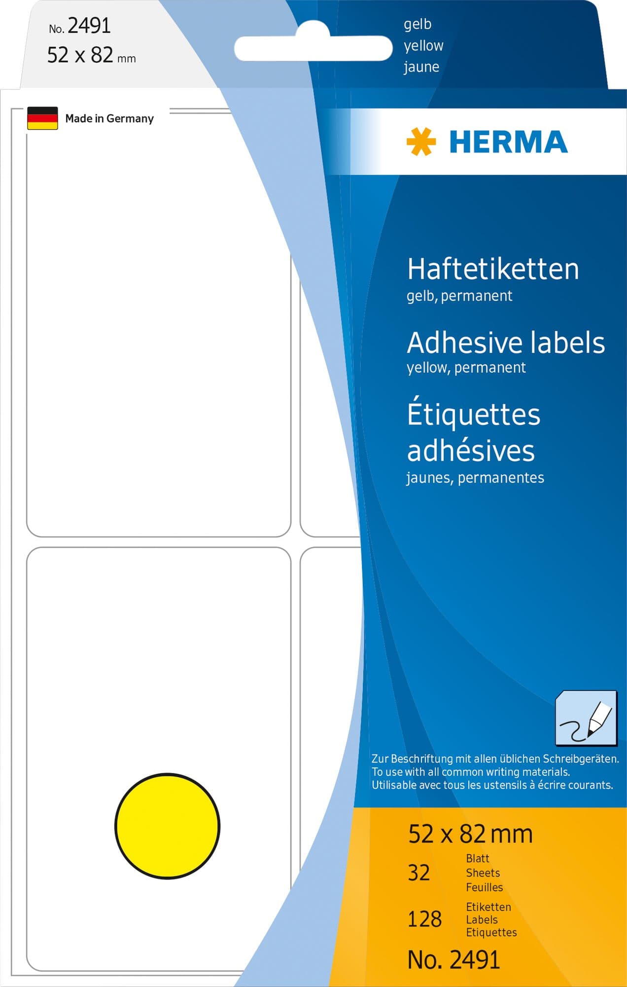Etiket HERMA 2491 52x82mm geel 128 stuks