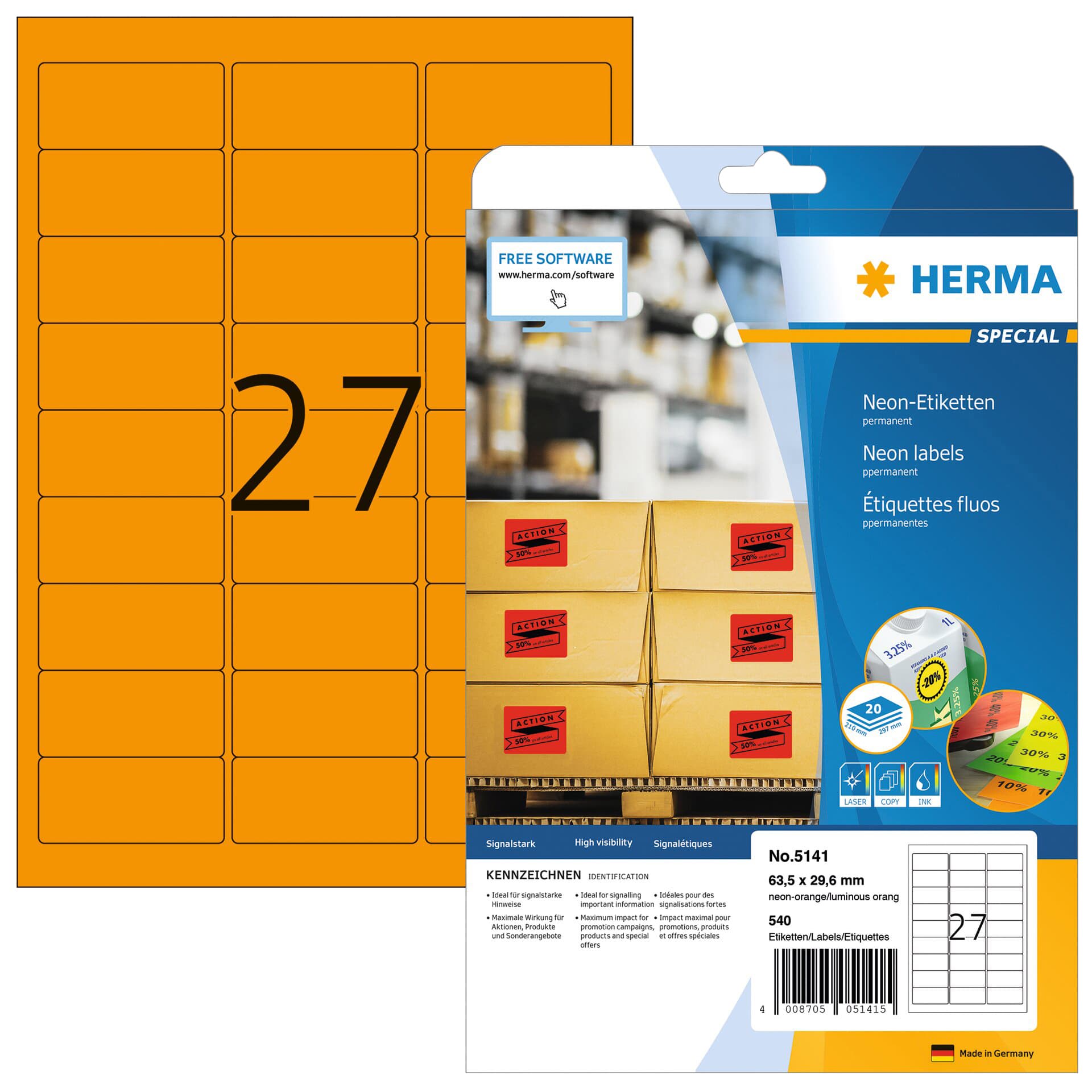 Etiket HERMA 5141 63.5x29.6mm neon oranje 540 stuks