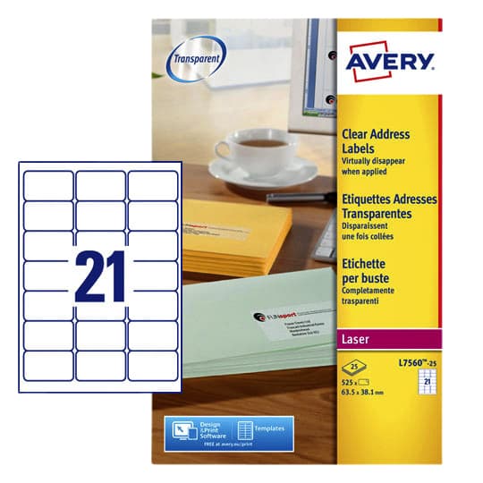 Etiket Avery L7560-25 63.5x38.1mm transparant 525 stuks