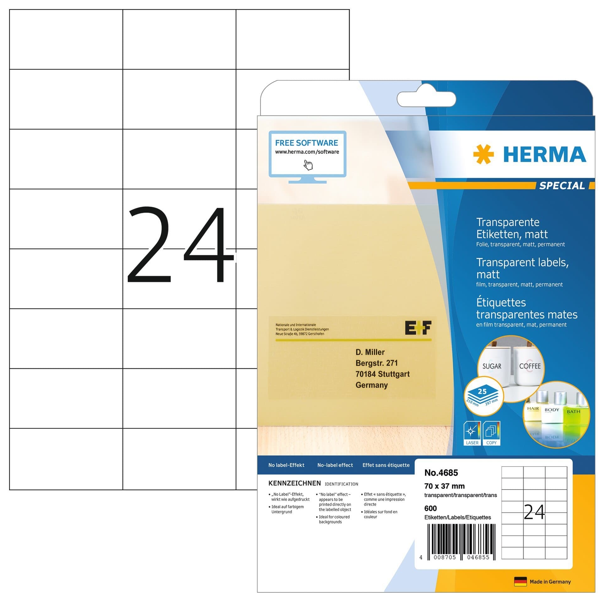 Etiket HERMA 4685 70x37mm transparant 600 stuks