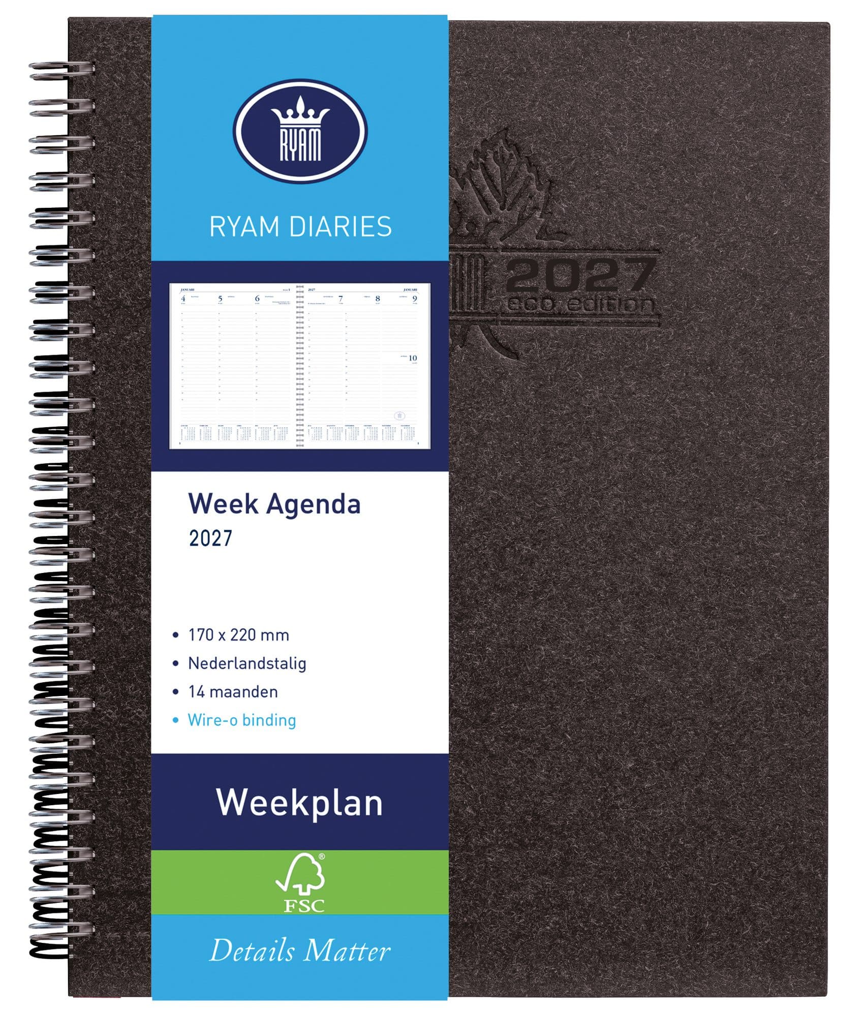 Agenda 2027 Ryam Weekplan Wire-o 7dagen/2pagina's zwart